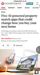 Screenshot of Independent article, AI powered property search apps.